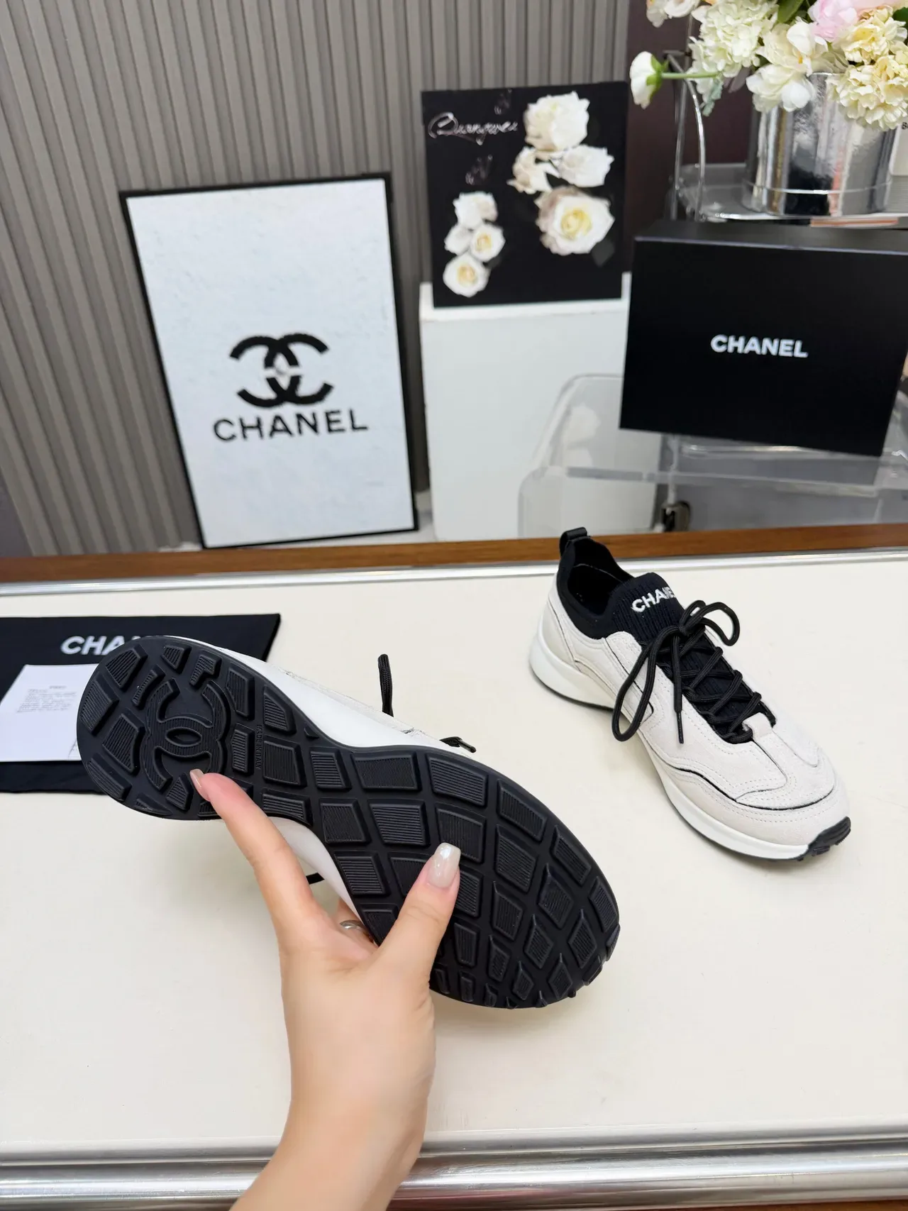 Chanel Beige Black Off-White Suede-Like Upper Contrast Piping Lifestyle Sneakers 4