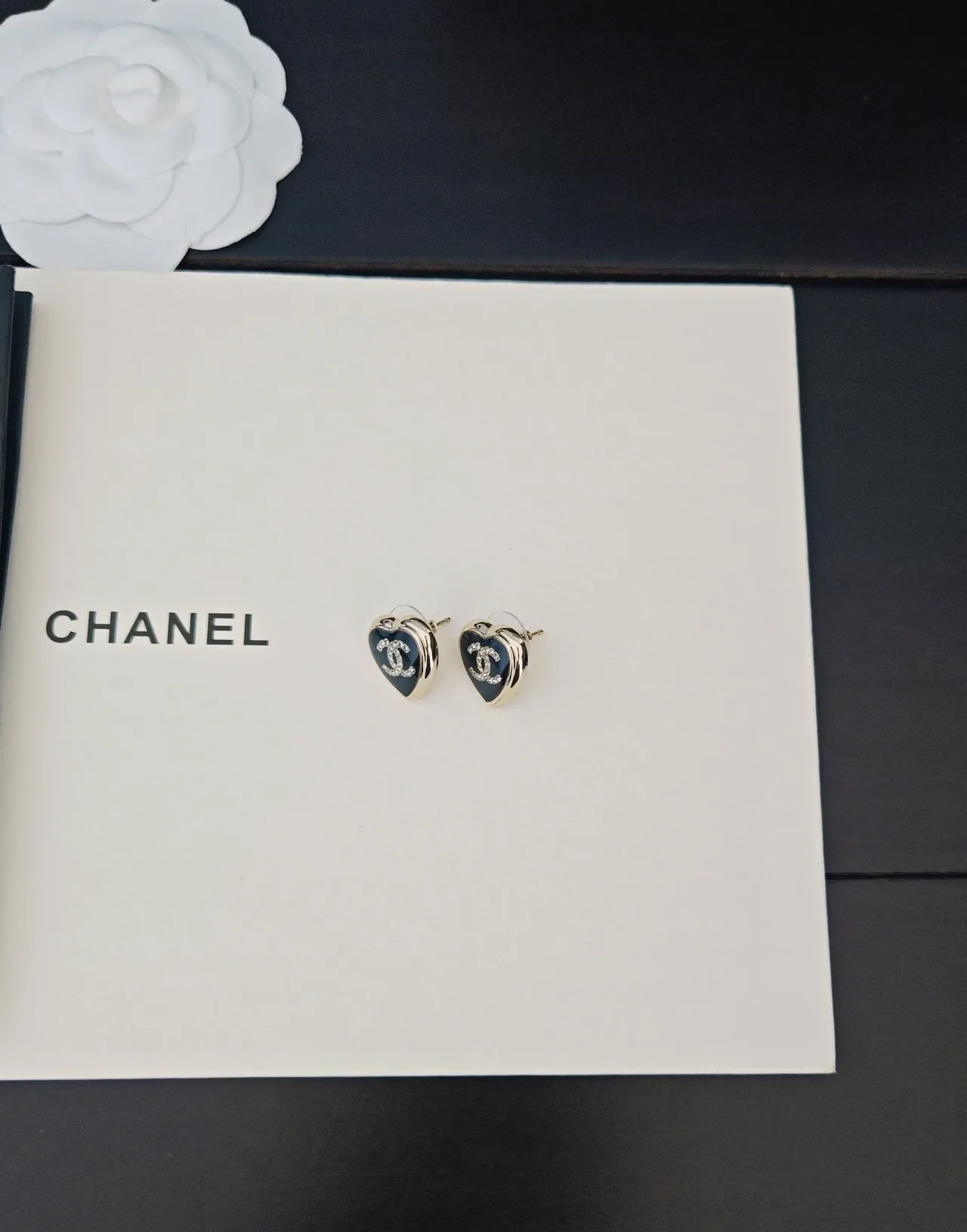 Chanel Black Gold Heart-Shaped Crystal-Embellished Earrings 4
