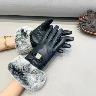 Chanel Black Gray Marbled Faux Fur Cuff Leather Gloves