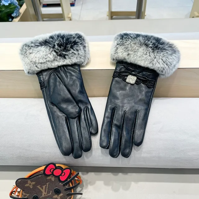 Chanel Luvas de Couro Preto Cinza Marmoreado com Punho de Pele Sintética 3