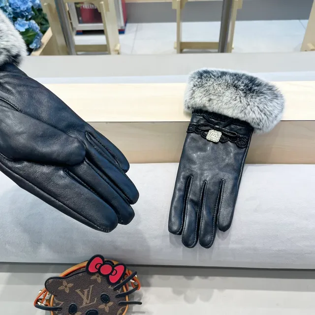 Chanel Luvas de Couro Preto Cinza Marmoreado com Punho de Pele Sintética 6