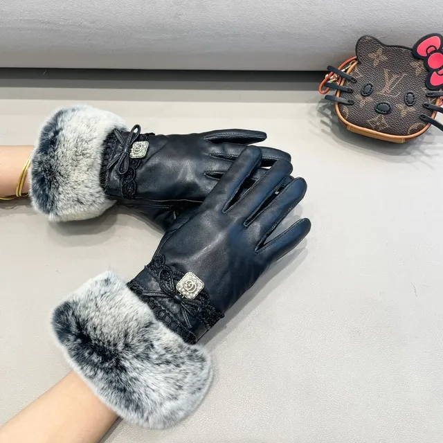Chanel Luvas de Couro Preto Cinza Marmoreado com Punho de Pele Sintética 7