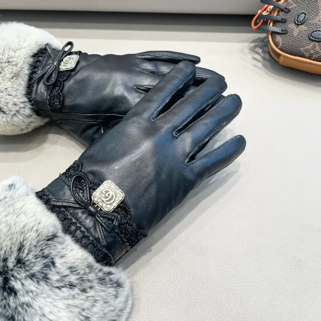 Chanel Luvas de Couro Preto Cinza Marmoreado com Punho de Pele Sintética 8