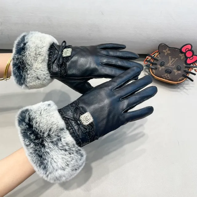 Chanel Luvas de Couro Preto Cinza Marmoreado com Punho de Pele Sintética 9