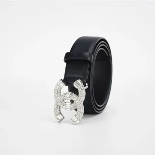 Chanel Black Silver Crystal-Embellished Interlocking CC Buckle Leather Belt