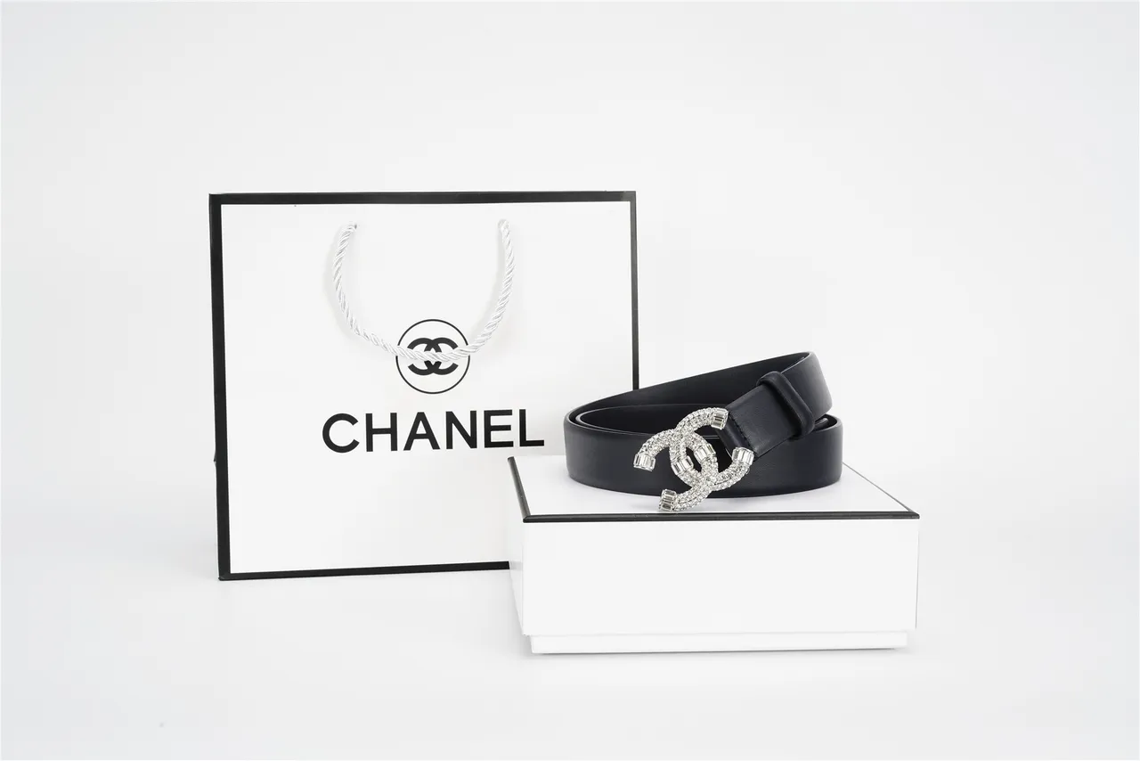 Chanel Black Silver Crystal-Embellished Interlocking CC Buckle Leather Belt 6