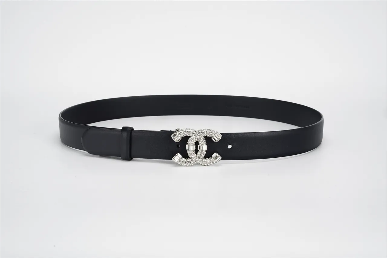 Chanel Black Silver Crystal-Embellished Interlocking CC Buckle Leather Belt 9