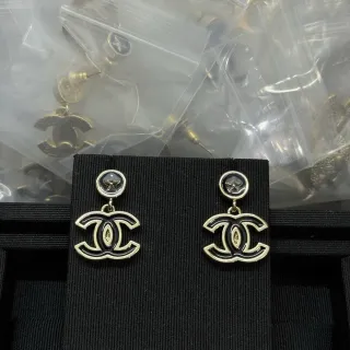 Chanel Black Silver Double-Drop Enamel CC Logo Earrings
