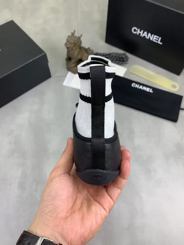 Chanel Black White Sock-Fit Knit Upper Leather Toe Cap Ballet Flat 3
