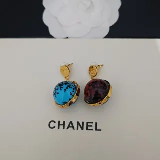 Chanel 蓝红球形树脂球金色开放式戒指耳环