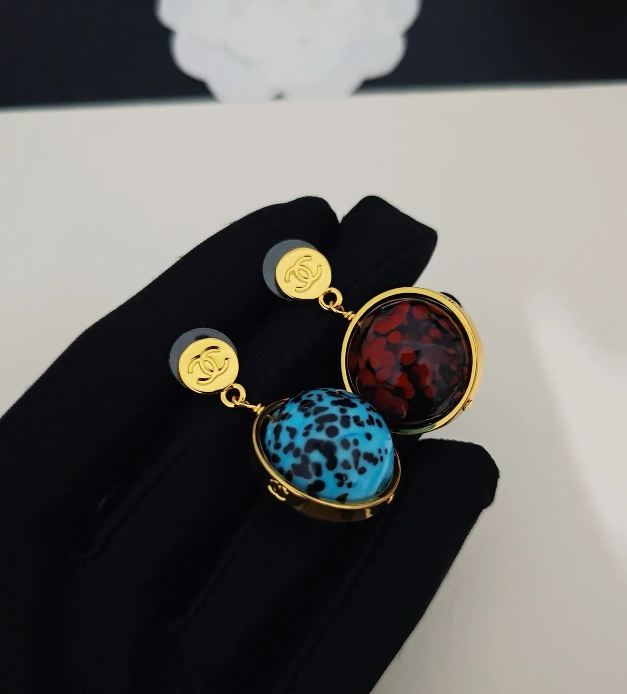 Chanel Blue Red Spherical Resin Orbs Gold-Tone Open-Ring Setting Earrings 2