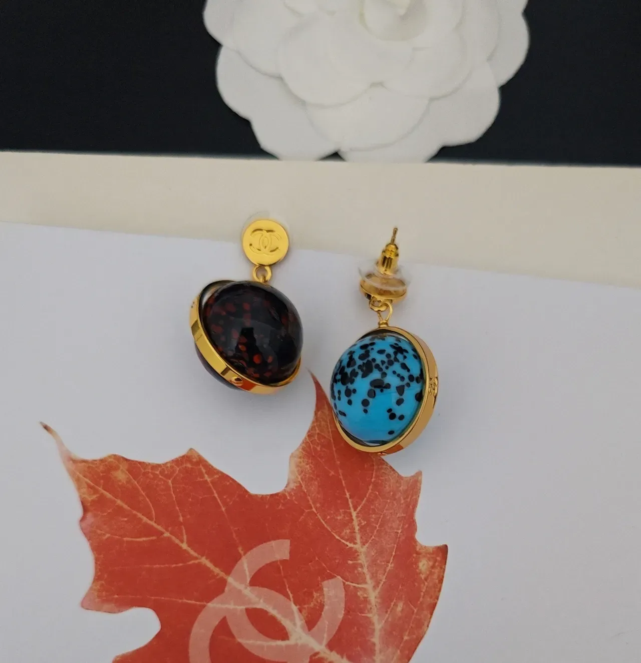 Chanel Blue Red Spherical Resin Orbs Gold-Tone Open-Ring Setting Earrings 3