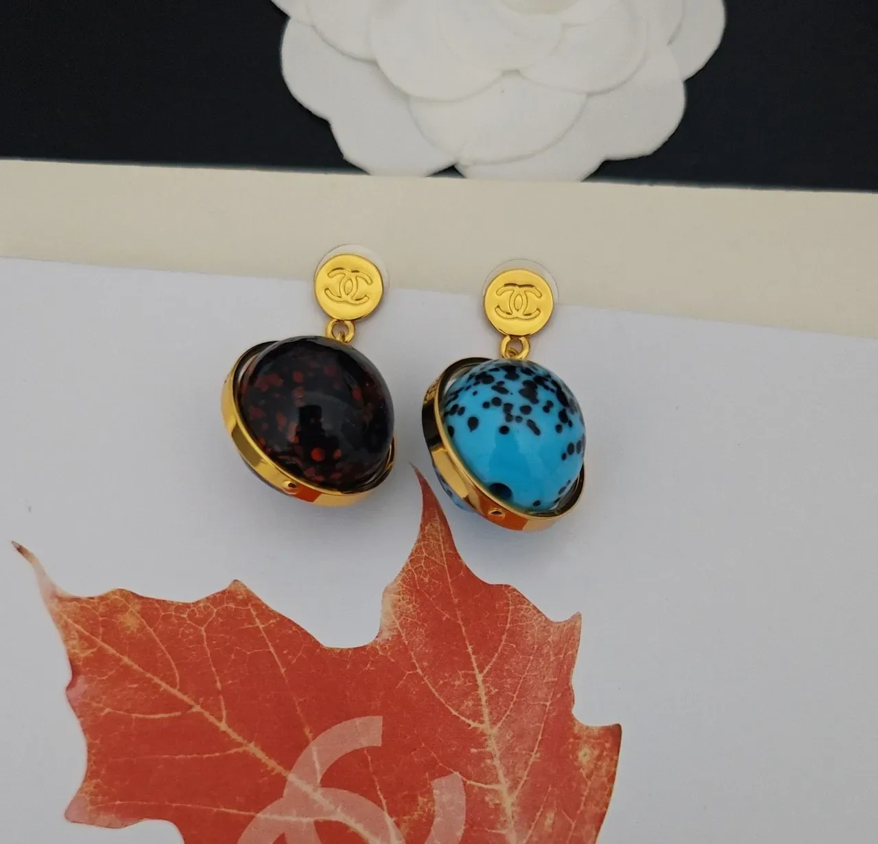 Chanel Blue Red Spherical Resin Orbs Gold-Tone Open-Ring Setting Earrings 4
