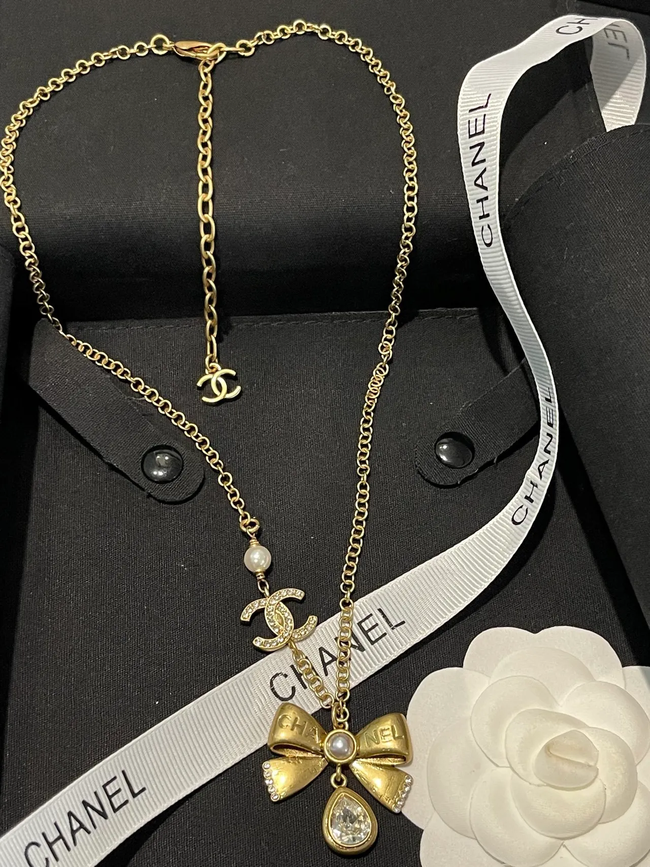 Chanel Bow Collection Gold-Tone Pearl and Crystal Necklace 2