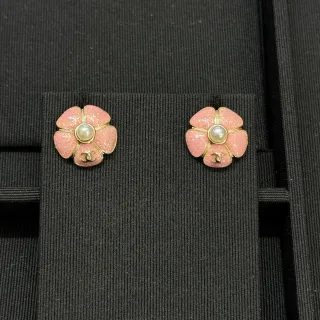 Chanel Camélia Pink Glitter Enamel Pearl Stud Earrings