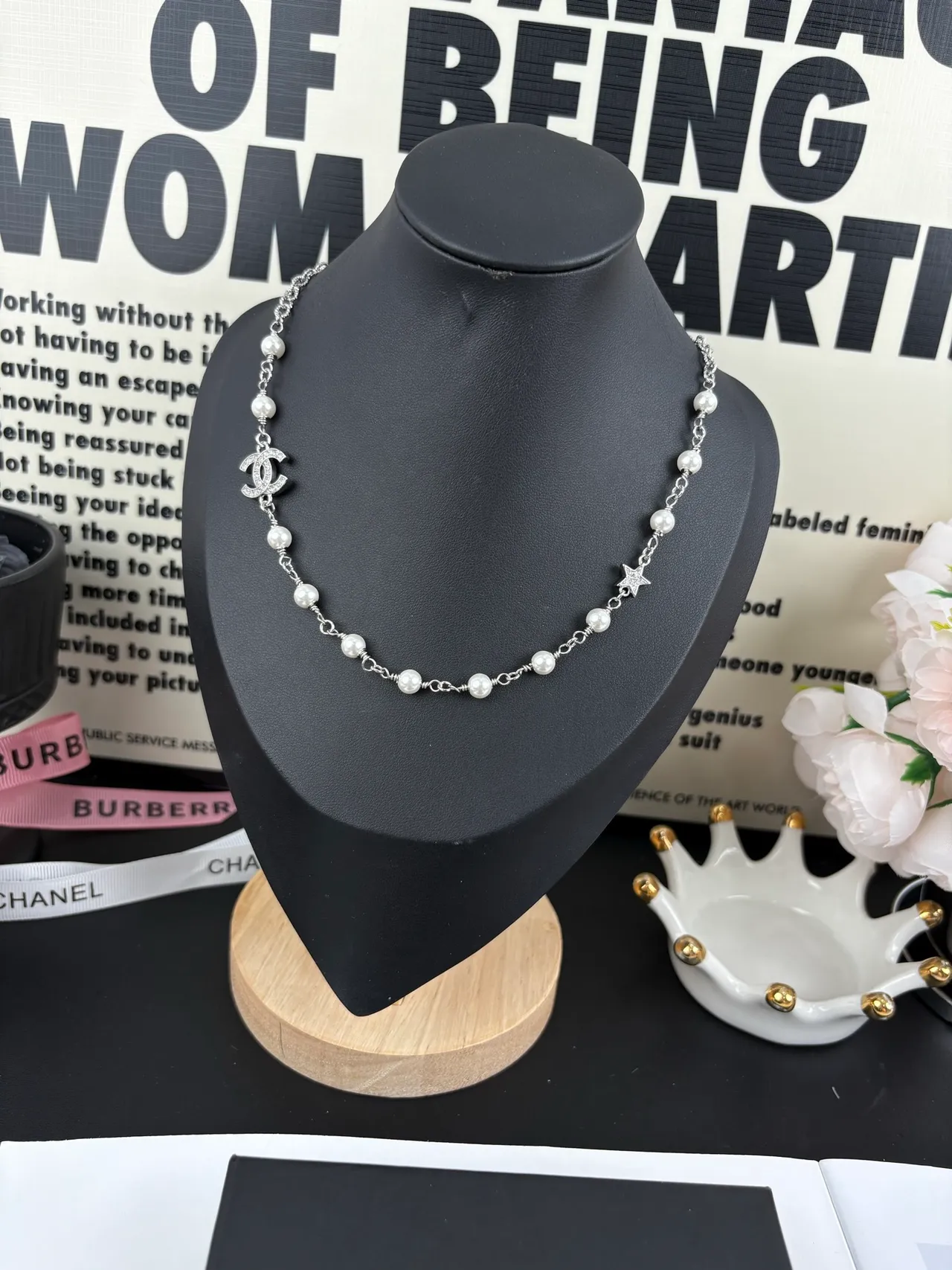 Chanel Camellia Pearl Necklace Silver White Chain Cultured Stations Necklace 2