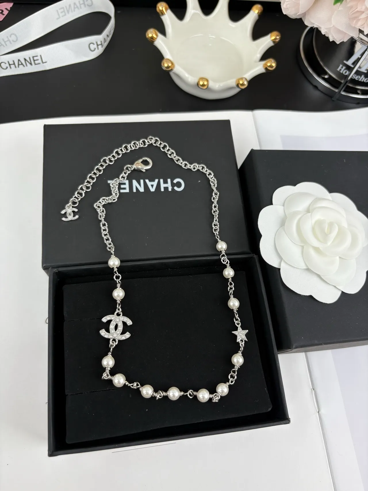 Chanel Camellia Pearl Necklace Silver White Chain Cultured Stations Necklace 3