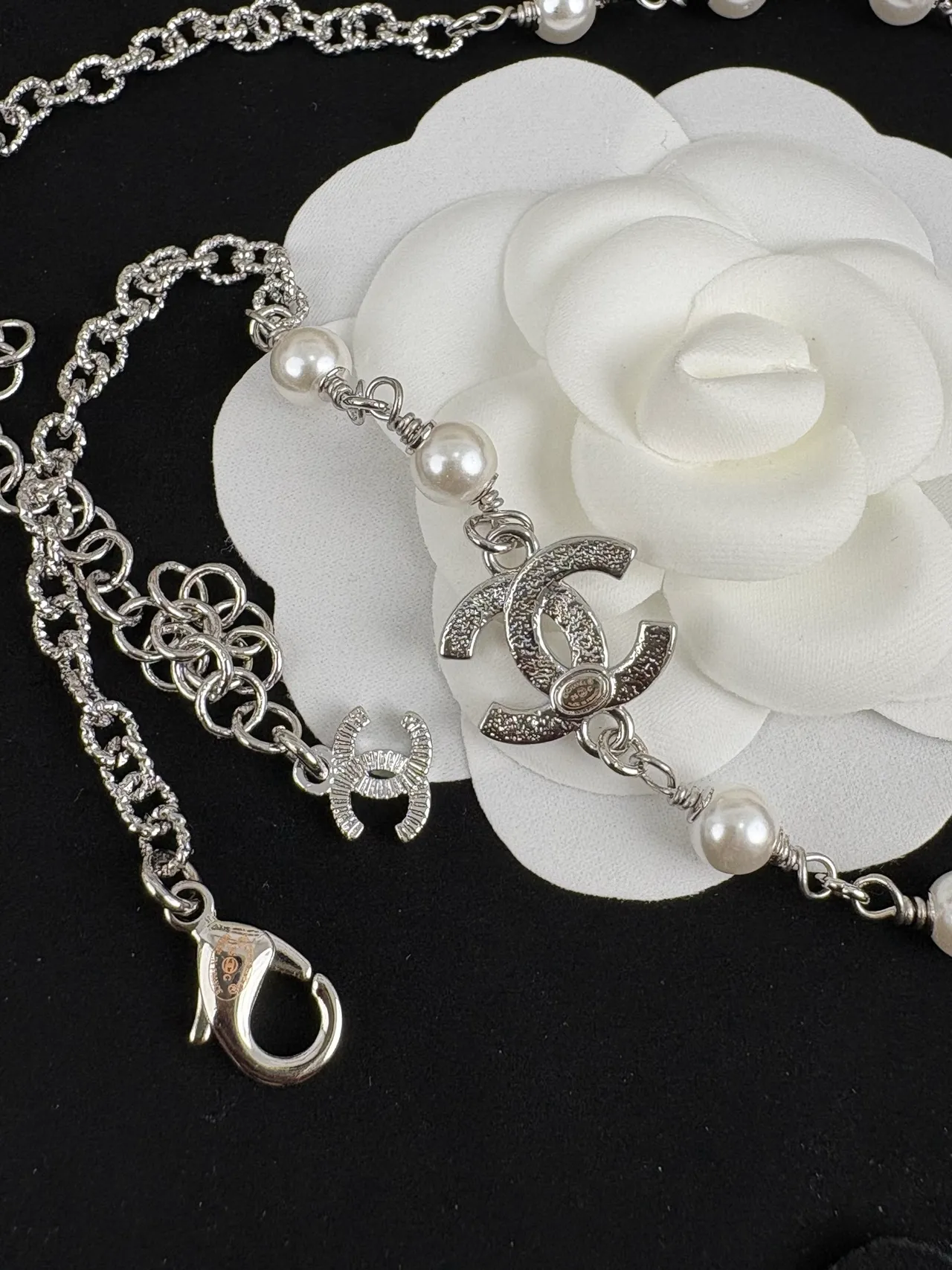 Chanel Camellia Pearl Necklace Silver White Chain Cultured Stations Necklace 4