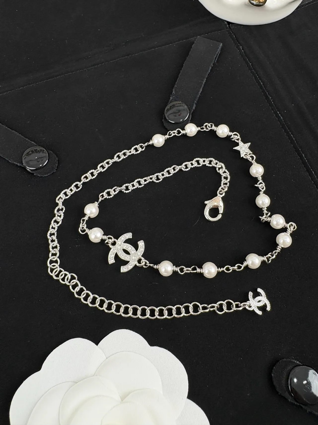 Chanel Camellia Pearl Necklace Silver White Chain Cultured Stations Necklace 5