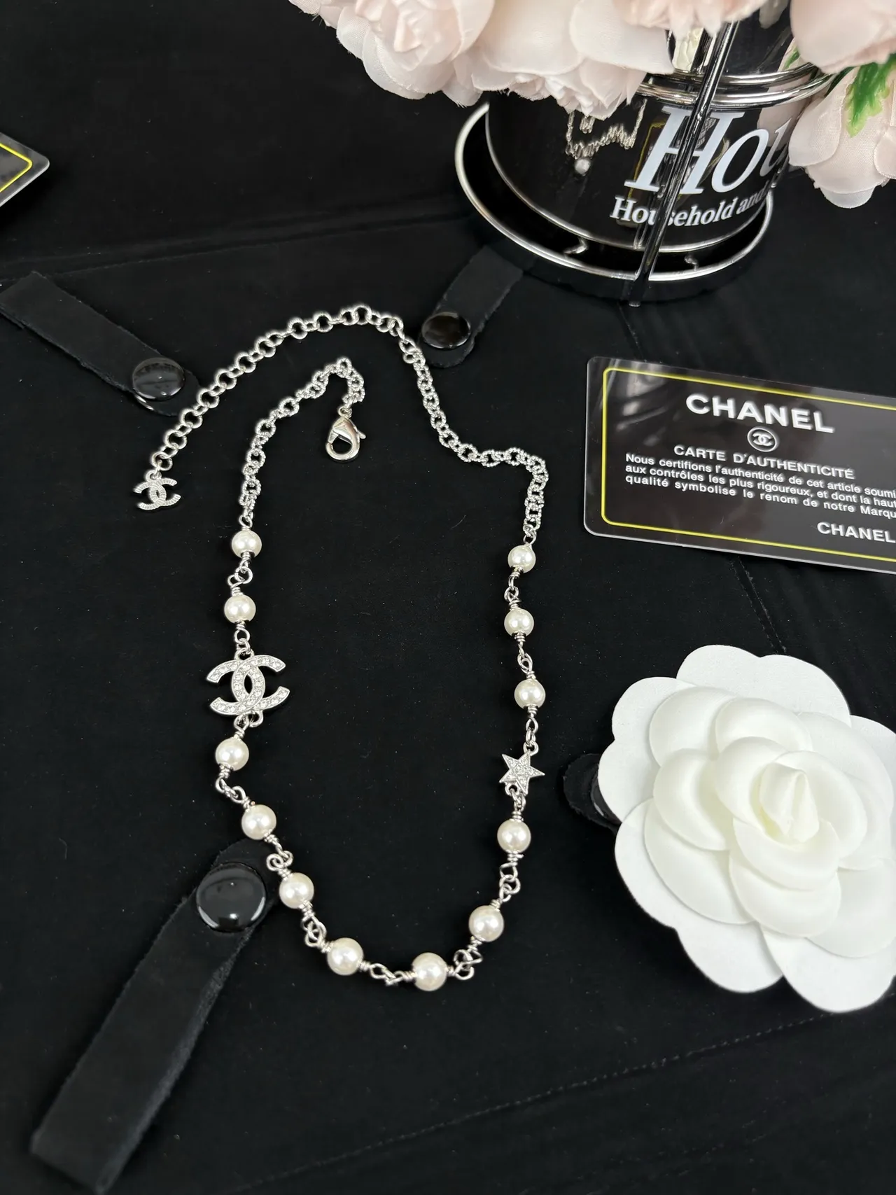 Chanel Camellia Pearl Necklace Silver White Chain Cultured Stations Necklace 6