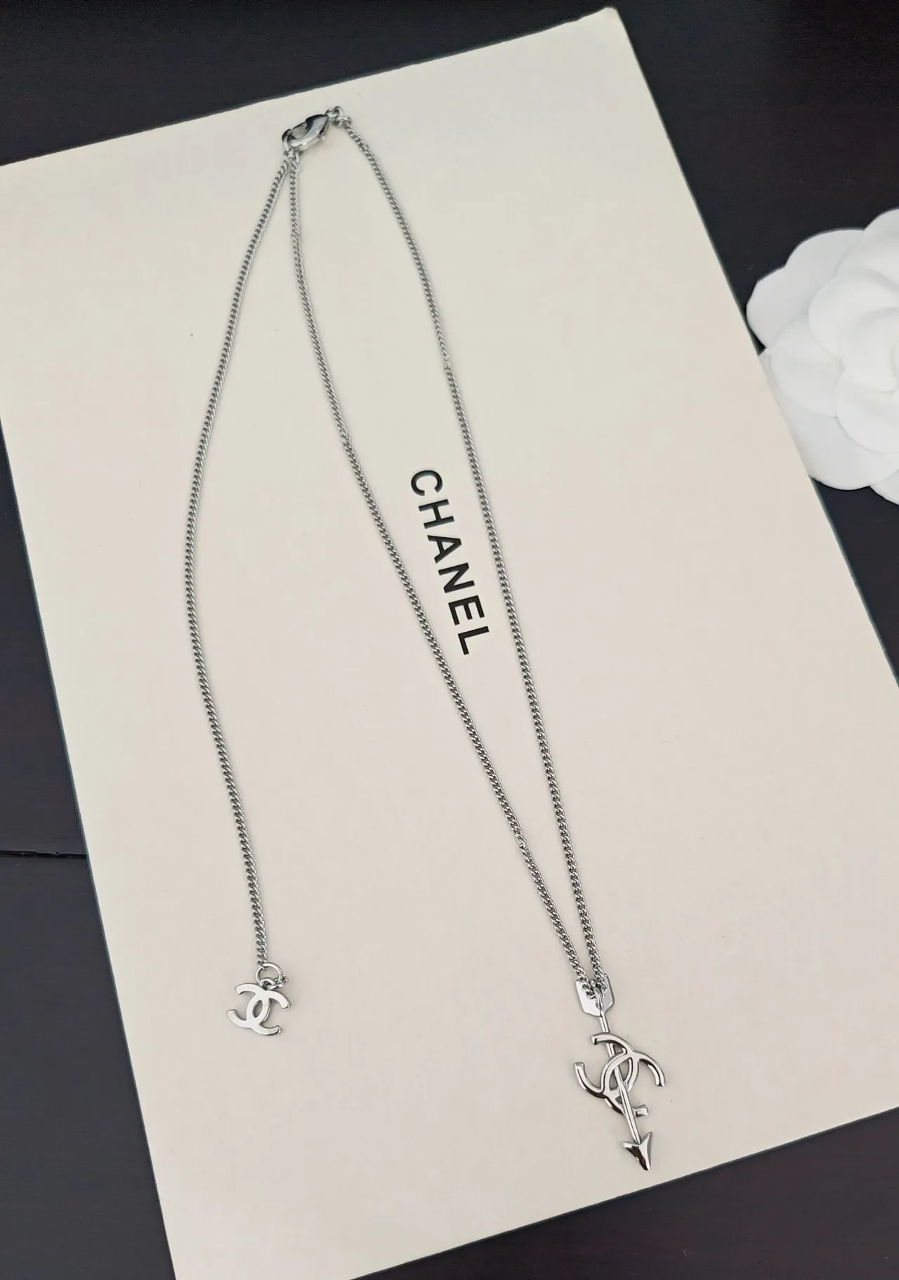 Chanel CC Arrow Pendant Silver Chain Necklace 2