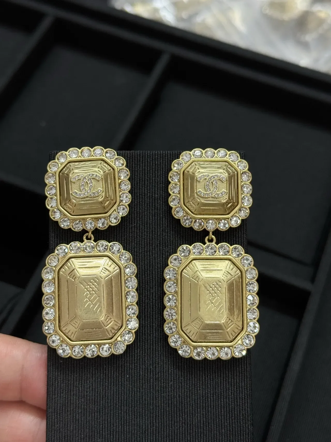 Chanel CC Crystal-Pavé Double-Drop Octagonal Earrings 5