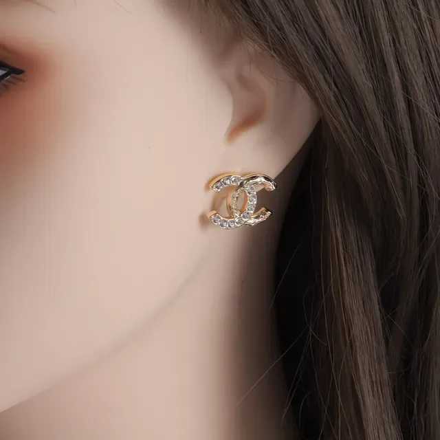 Chanel CC Logo Stud Silver Gold Interlocking Crystal-Pavé Earrings 2