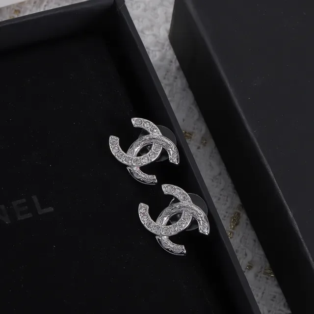 Chanel CC Logo Stud Silver Gold Interlocking Crystal-Pavé Earrings 8