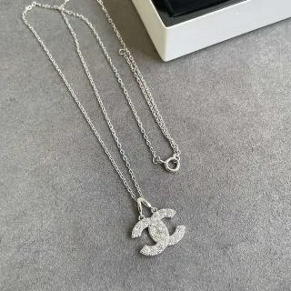 Chanel CC Pendant Silver White Pavé Crystal Interlocking Logo Necklace