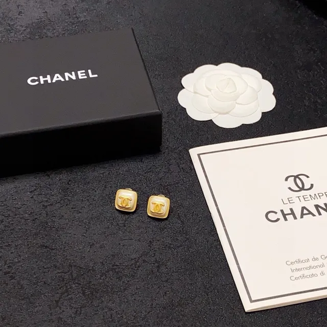 Chanel CC Square Gold-Tone Ivory Resin Stud Earrings 2