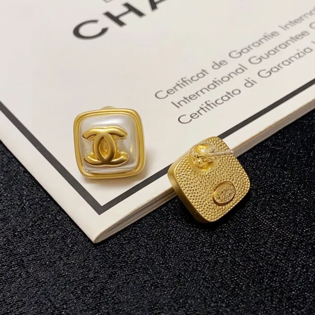 Chanel CC Square Gold-Tone Ivory Resin Stud Earrings 5
