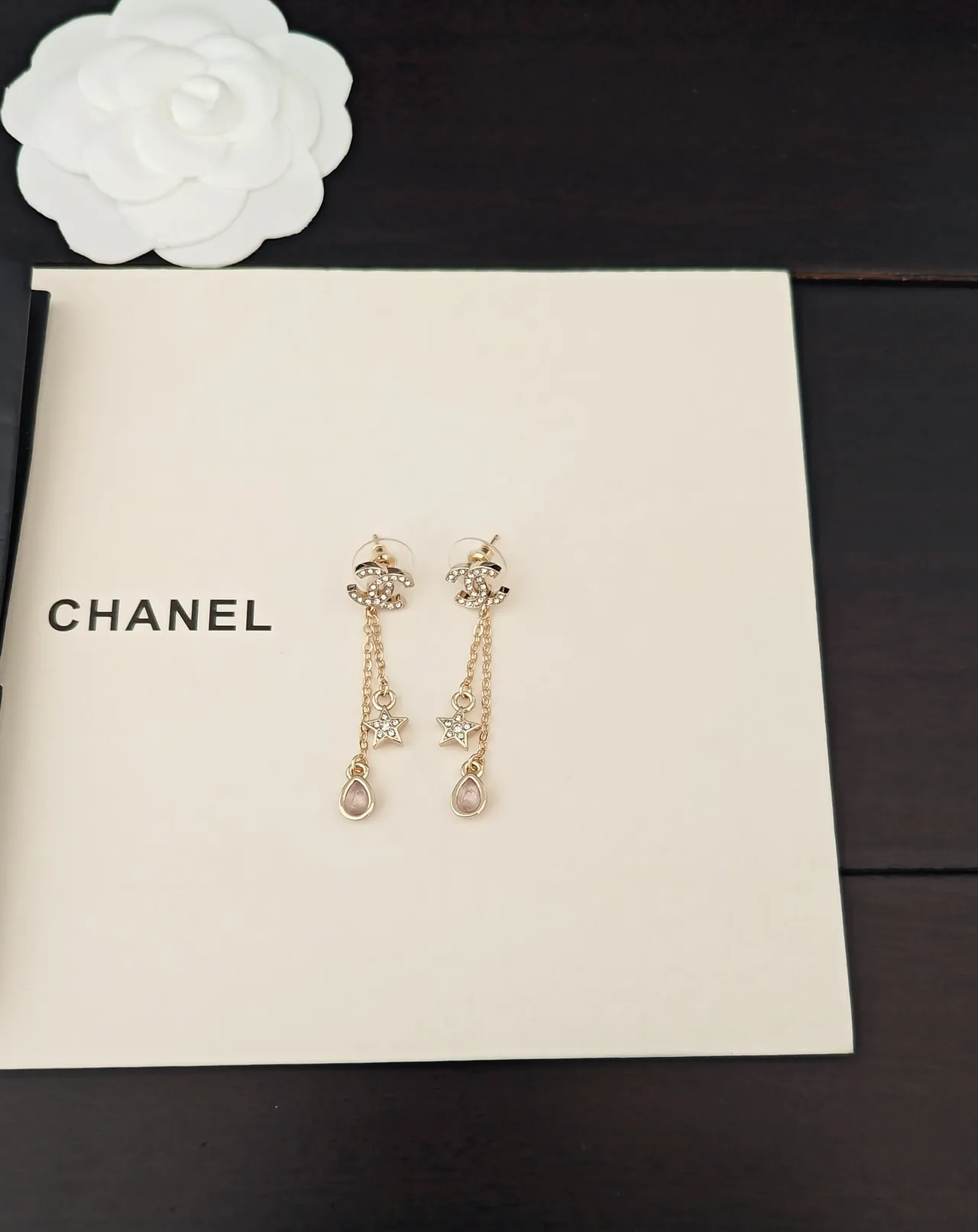 Chanel CC Star Drop Gold Pink Interlocking Logo Stud Chain Earrings 5