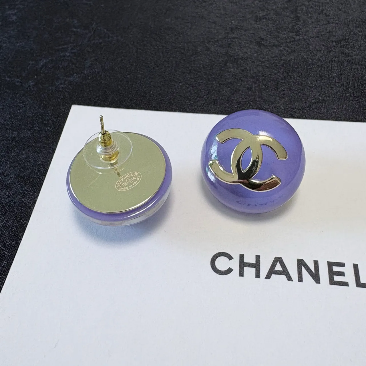 Chanel CC Stud Blue Purple Round Domed Resin Earrings 2