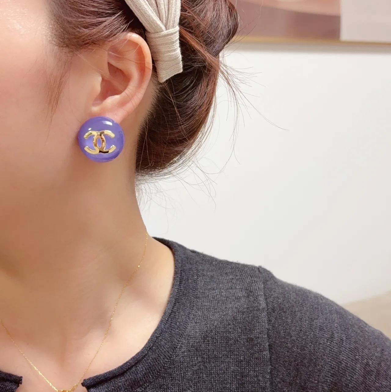 Chanel CC Stud Blue Purple Round Domed Resin Earrings 3