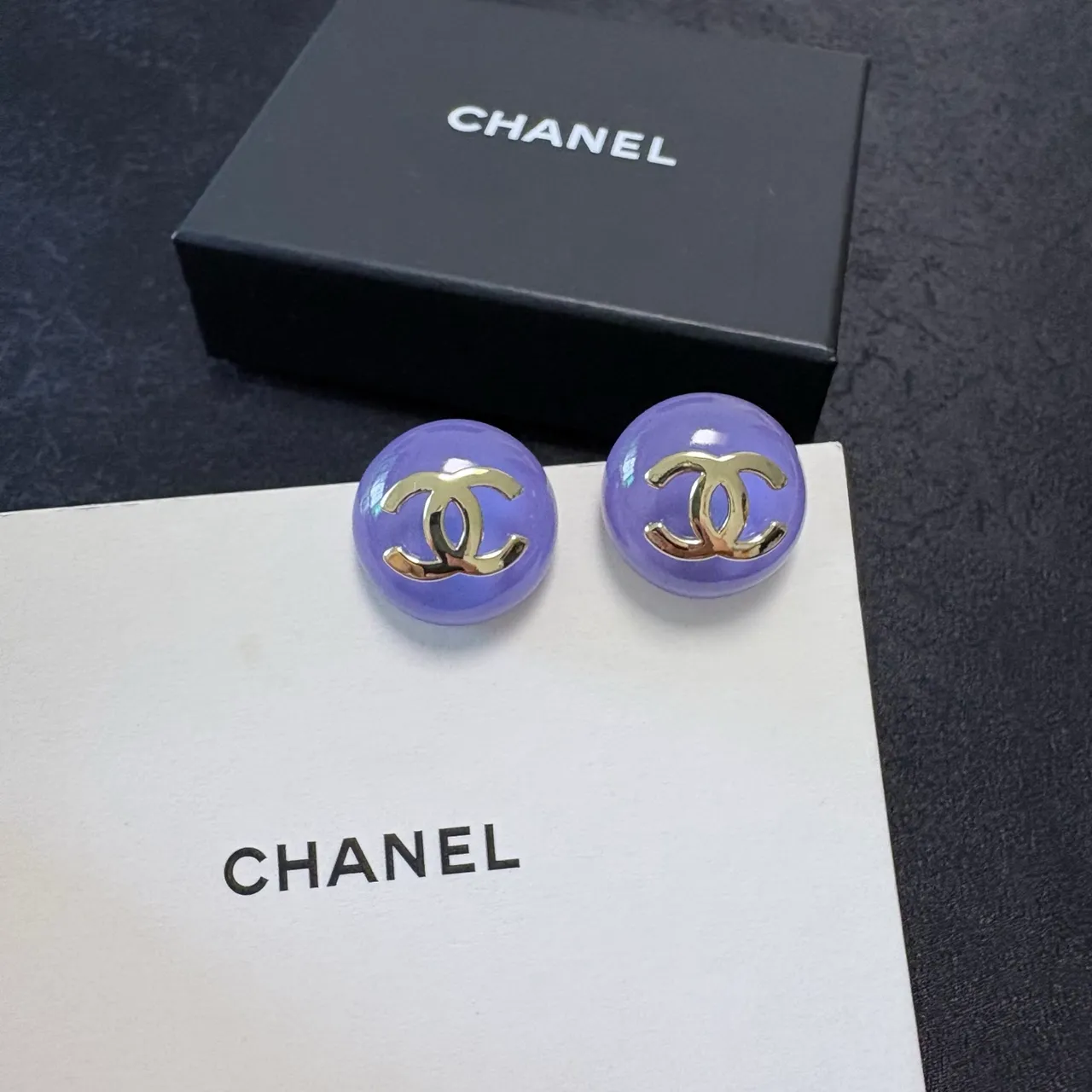 Chanel CC Stud Blue Purple Round Domed Resin Earrings 5