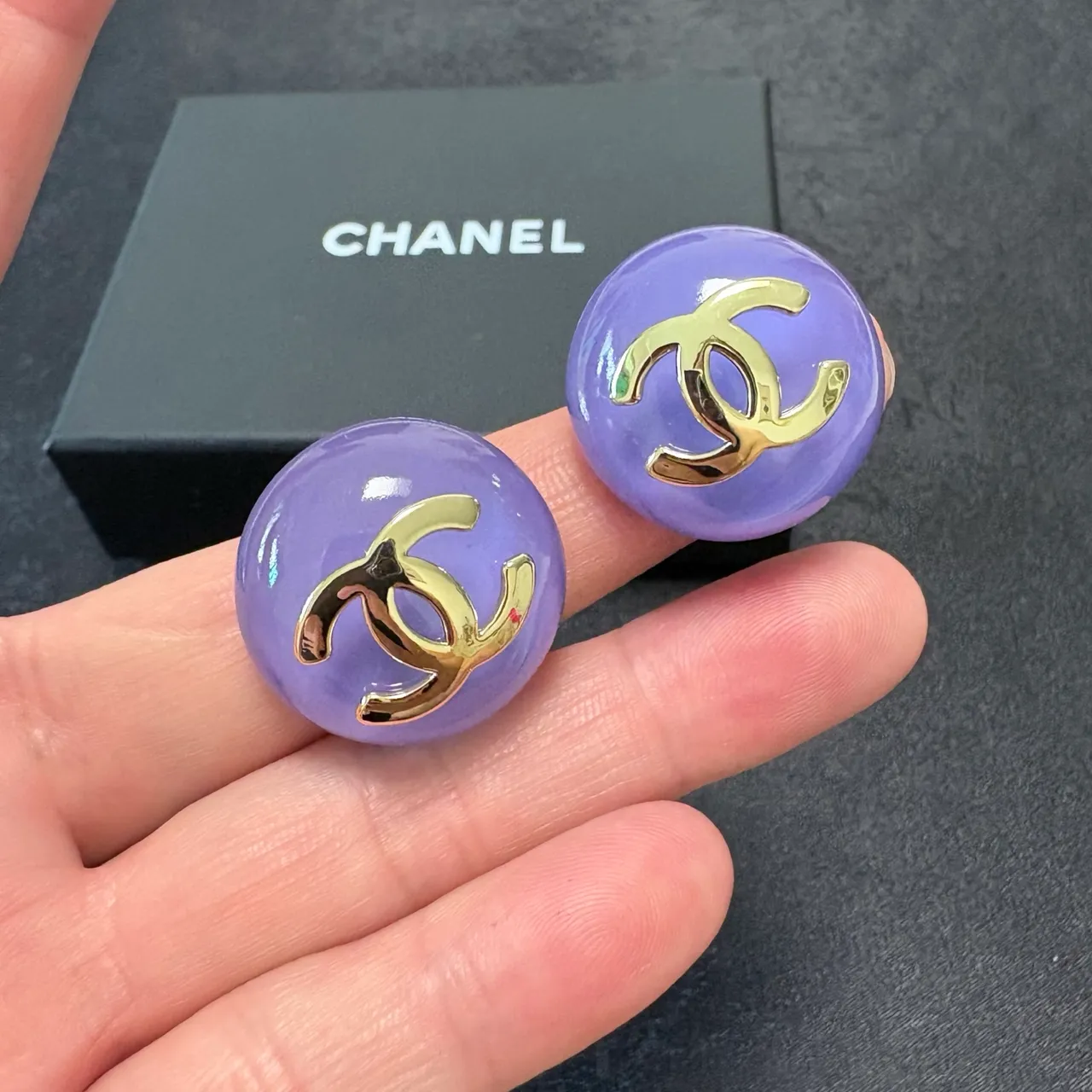 Chanel CC Stud Blue Purple Round Domed Resin Earrings 6