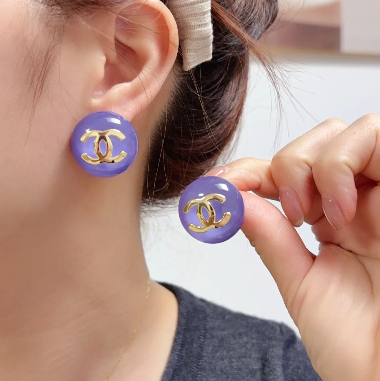 Chanel CC Stud Blue Purple Round Domed Resin Earrings 7