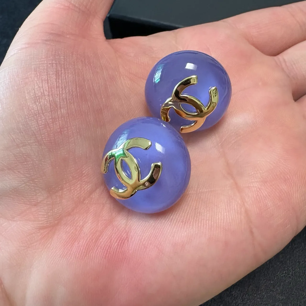 Chanel CC Stud Blue Purple Round Domed Resin Earrings 8