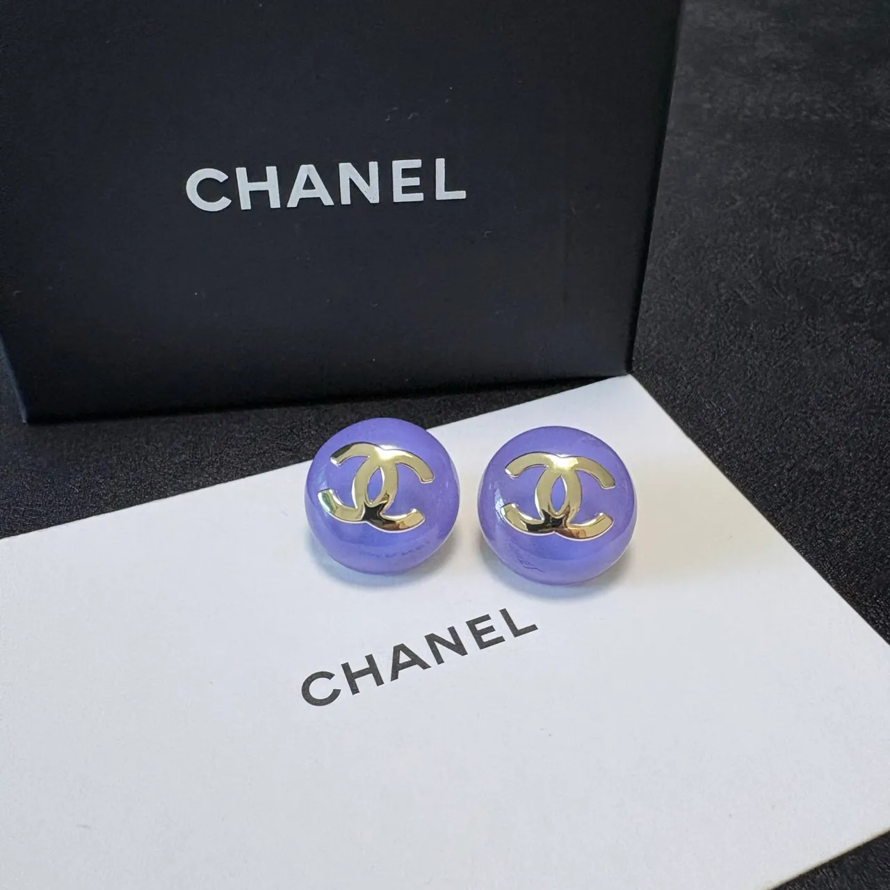 Chanel CC Stud Blue Purple Round Domed Resin Earrings 9
