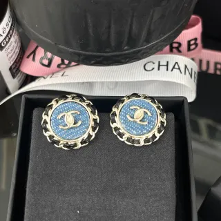 Chanel Chain-Stud Blue Black Circular Border Earrings