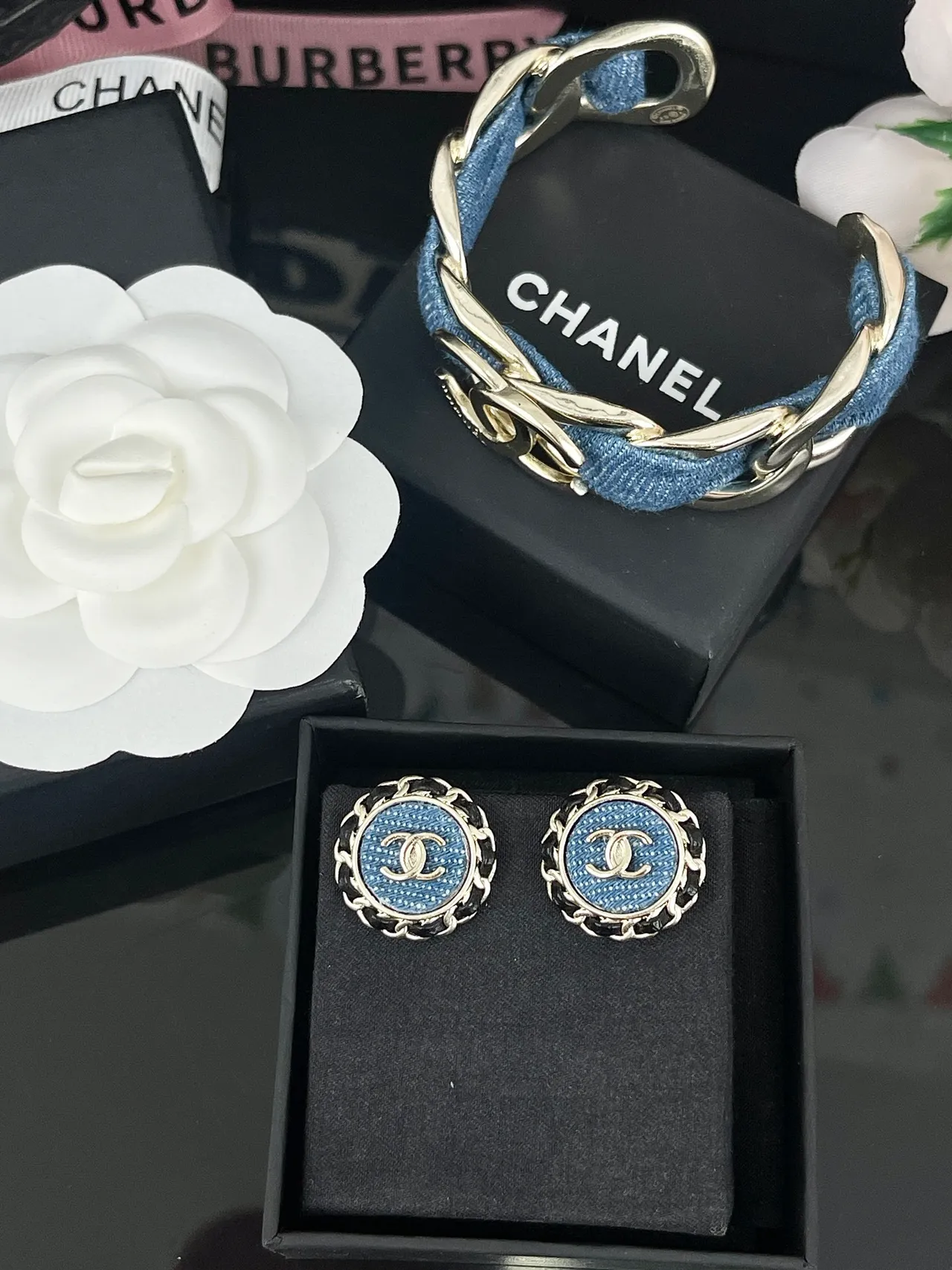 Chanel Chain-Stud Blue Black Circular Border Earrings 2