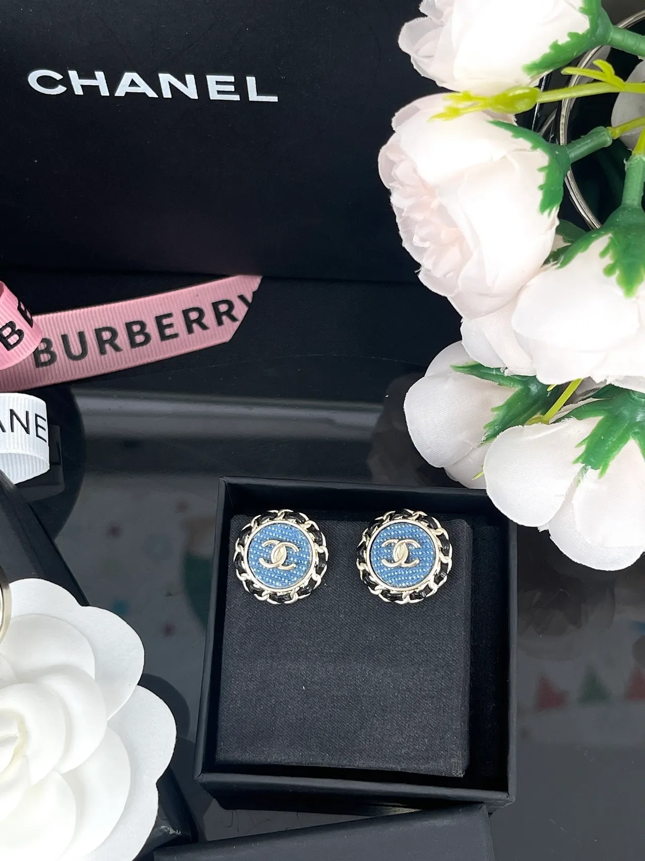 Chanel Chain-Stud Blue Black Circular Border Earrings 3