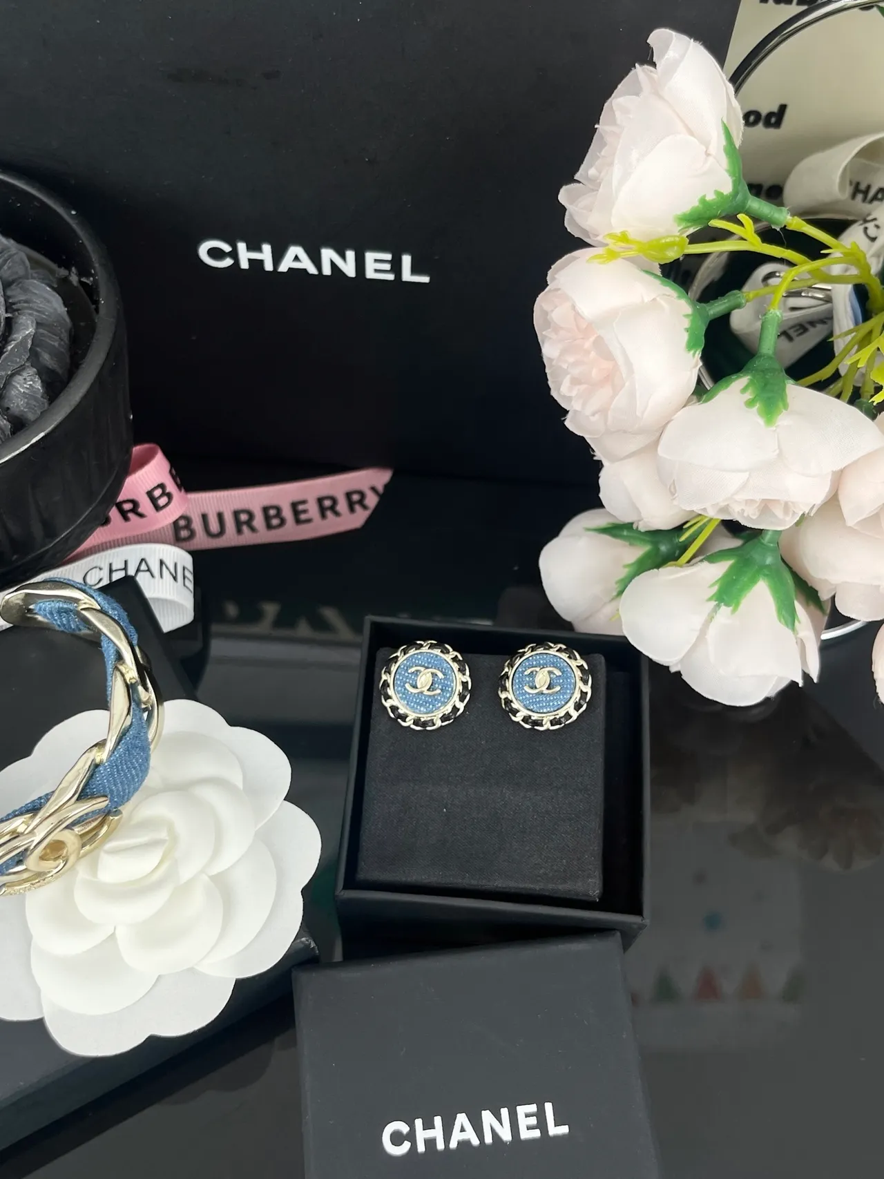 Chanel Chain-Stud Blue Black Circular Border Earrings 4