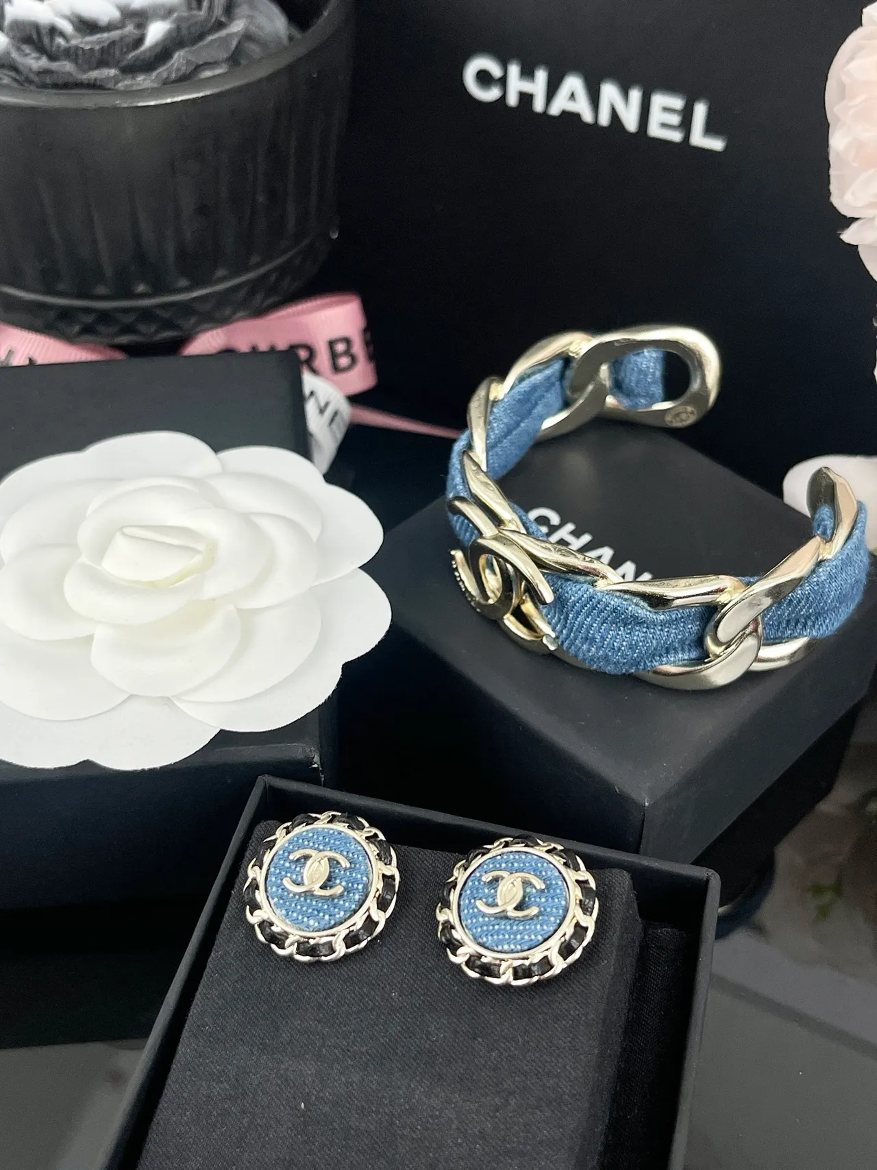 Chanel Chain-Stud Blue Black Circular Border Earrings 5