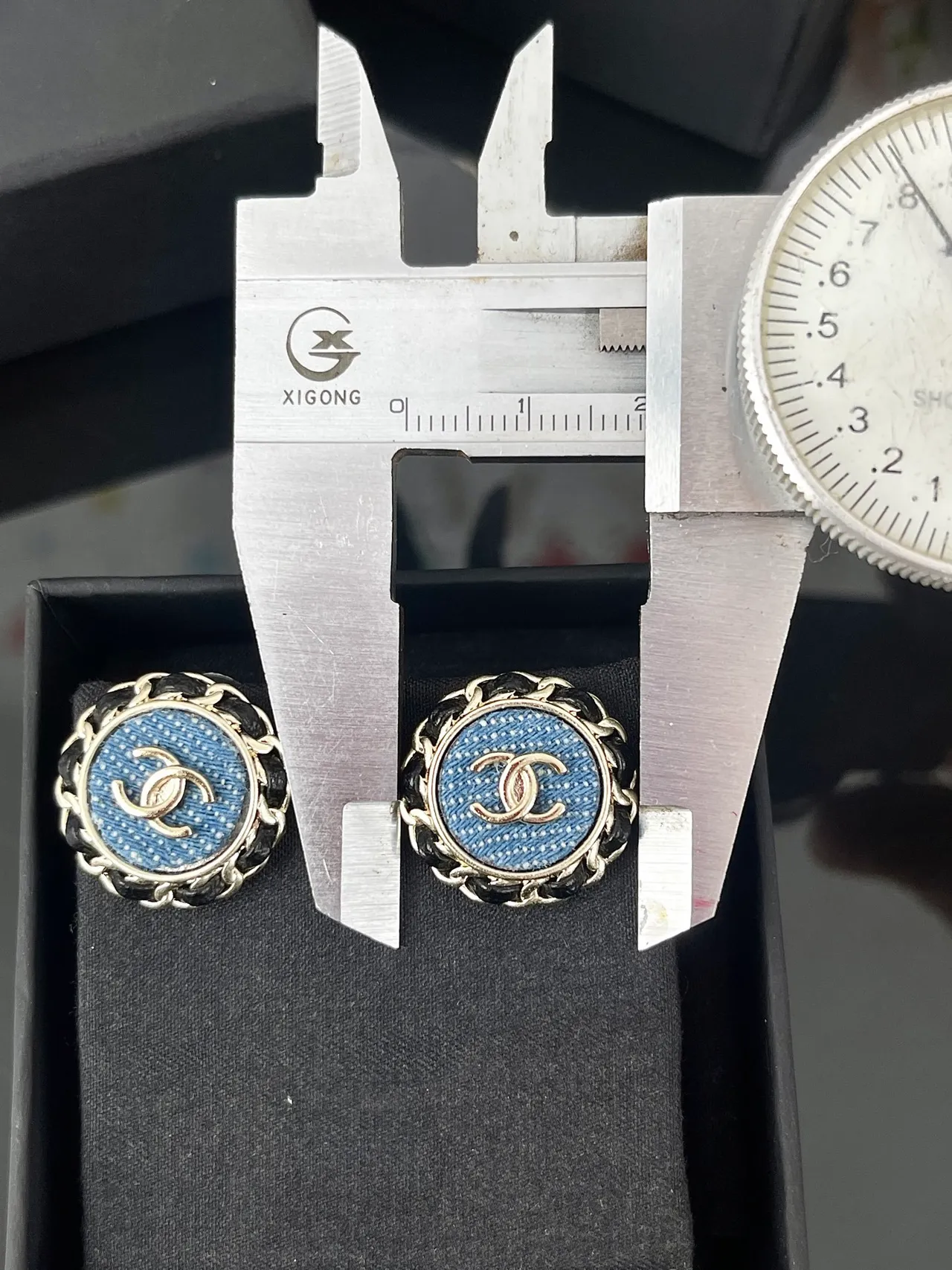 Chanel Chain-Stud Blue Black Circular Border Earrings 6
