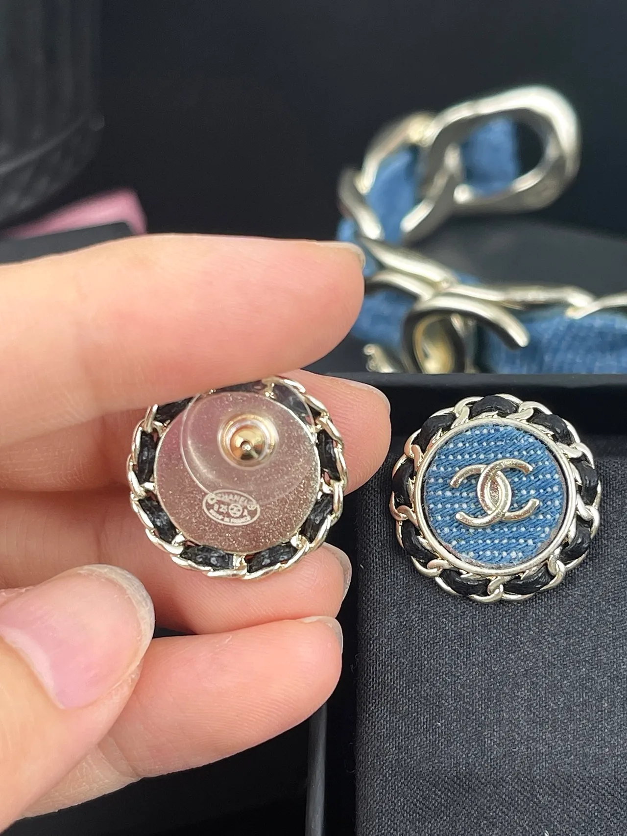 Chanel Chain-Stud Blue Black Circular Border Earrings 7