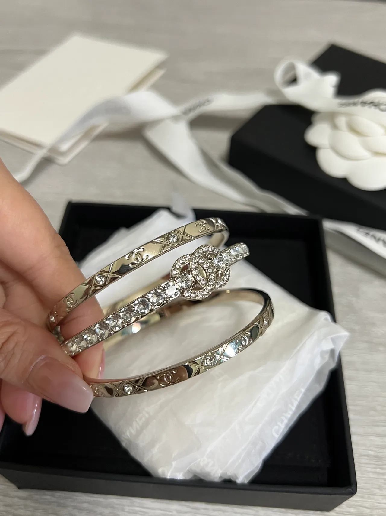 Chanel Classic Bracelet Gold Silver Metal Crystal-Embellished Bracelet 4