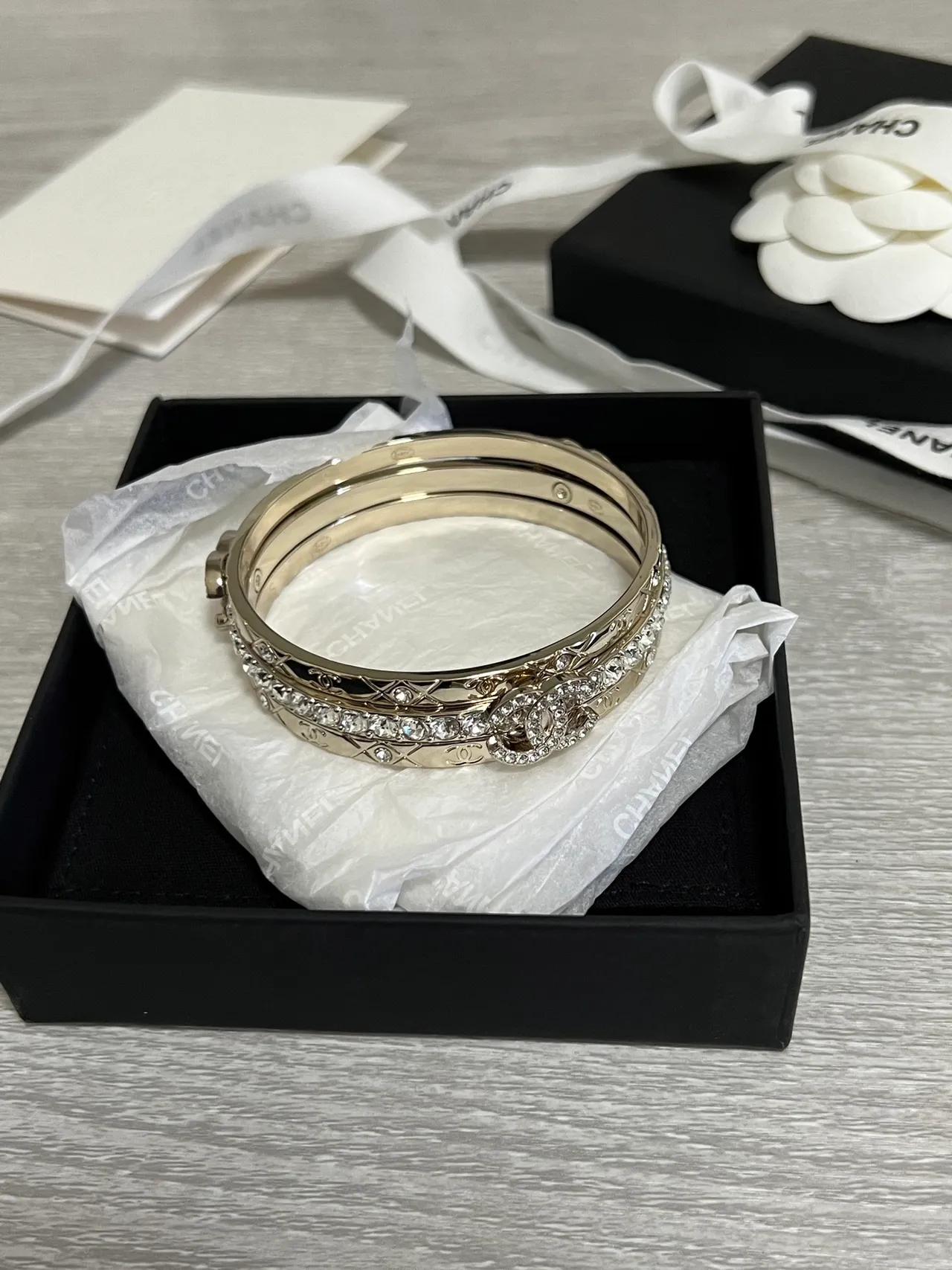 Chanel Classic Bracelet Gold Silver Metal Crystal-Embellished Bracelet 5