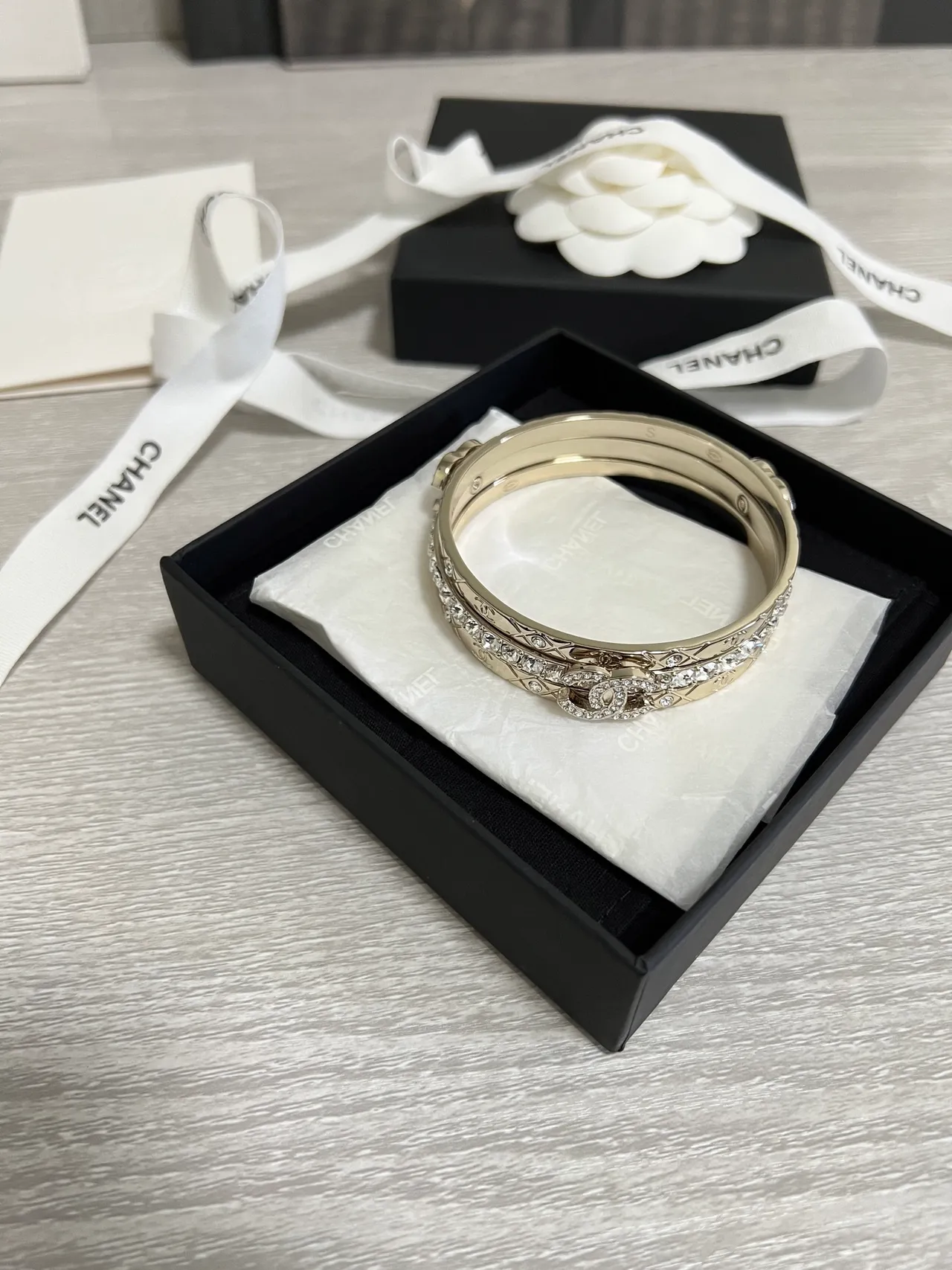 Chanel Classic Bracelet Gold Silver Metal Crystal-Embellished Bracelet 9