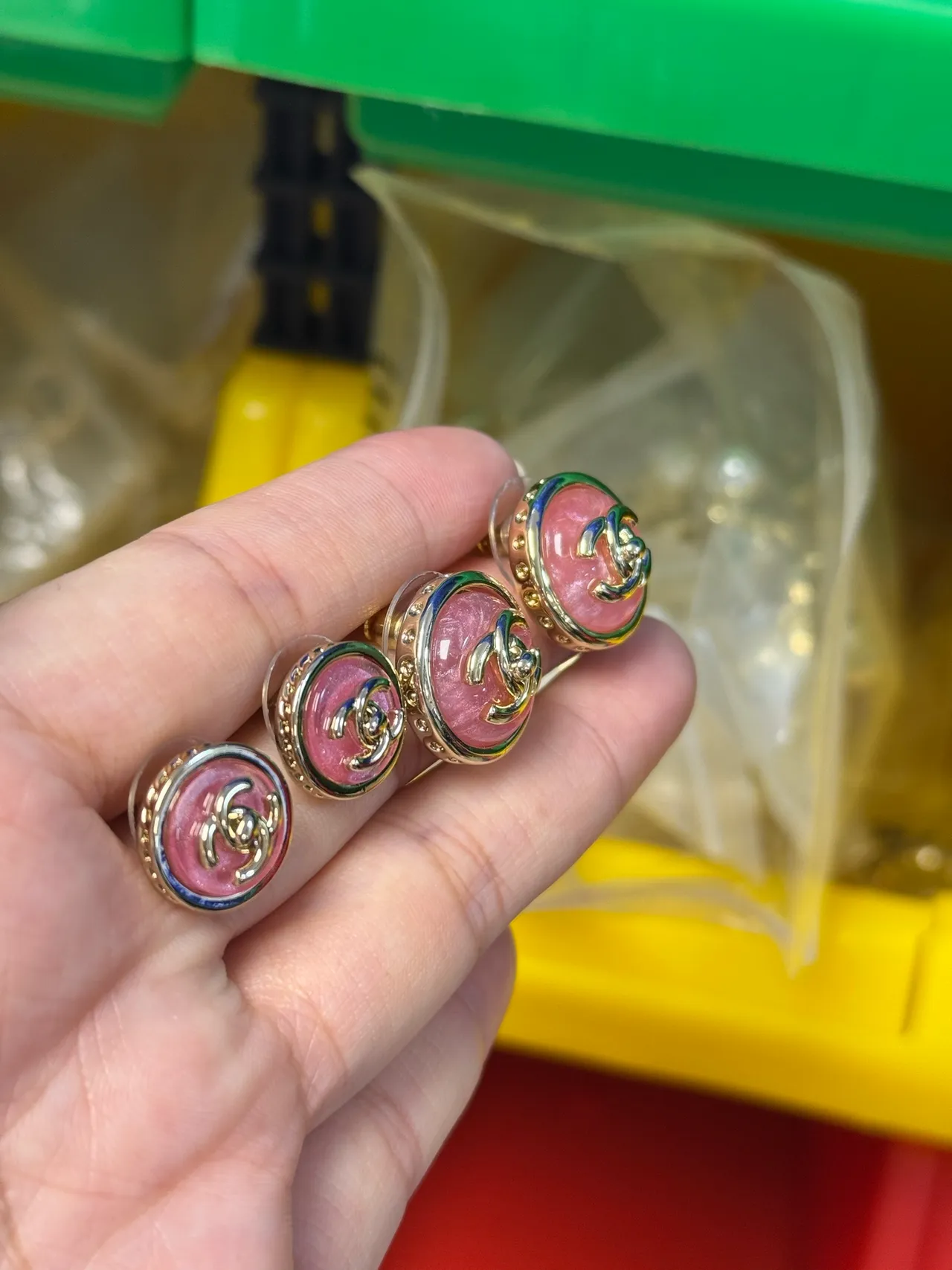 Chanel Enamel CC Pink and Gold Button Earrings 2